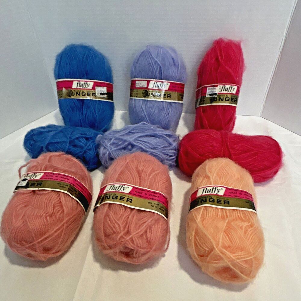 Vint Unger Fluffy Yarn Mixed Color Lot 9 Skeins France 100% Acrylic Destash Lot